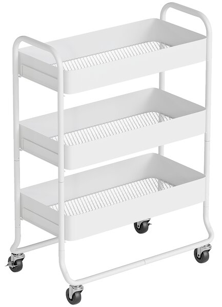 HOMCOM 3-Tier Storage Trolley on Wheels, Rolling Utility Cart with Mesh Backets for Kitchen, Bathroom, Bedroom, White
