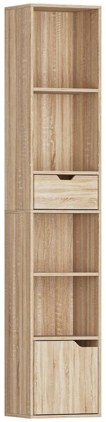 HOMCOM 6-Tier Bookcase, Tall Narrow Bookshelf with Drawer and Door - Natural Wood Finish