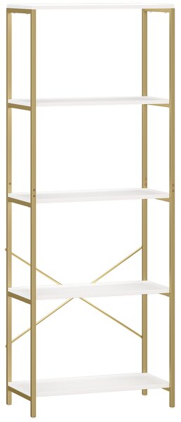 HOMCOM 5-Tier Bookshelf, Modern Bookcase with Metal Frame - White and Gold Tone