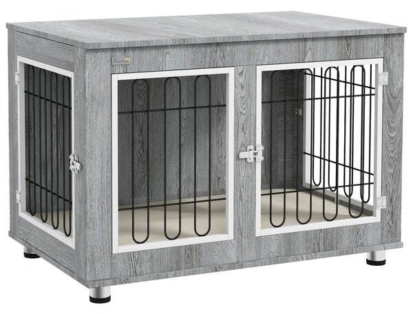 PawHut Dog Crate Furniture End Table, with Washable Cushion, Double Doors, for Medium/Large Dogs, Grey