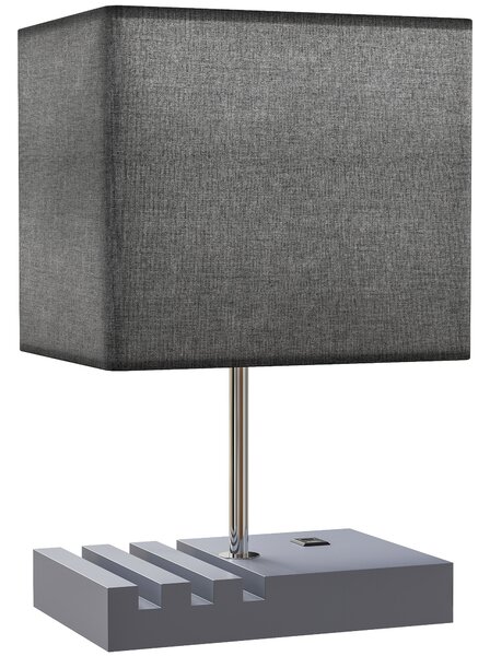 HOMCOM Bedside Lamp with USB A+C Charging Ports and 3 Phone Stands, Modern Table Lamp with Solid Wood Base and Fabric Shade for Bedroom Living Room Office, E27 Socket, Bulb Not Included, Grey