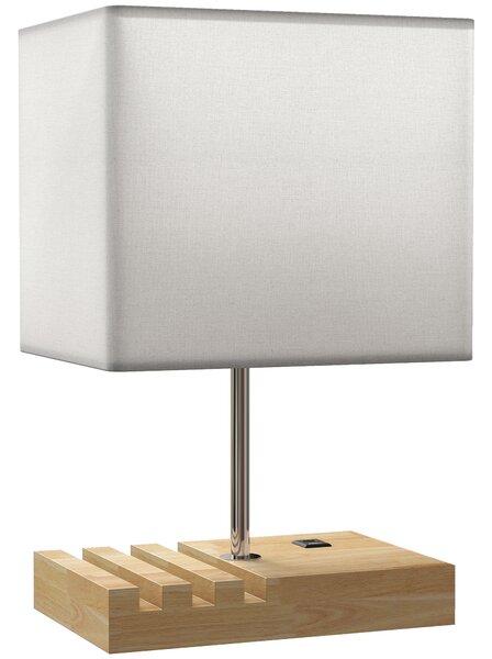 HOMCOM Bedside Lamp with USB A+C Charging Ports and 3 Phone Stands, Modern Table Lamp with Solid Wood Base and Fabric Shade for Bedroom Living Room Office, E27 Socket, Bulb Not Included, White