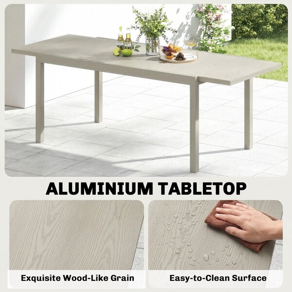 Outsunny Extending Garden Table, Aluminium Outdoor Dining Table for 8-10 with Wood-Like Grained Surface, Light Grey Wood Effect