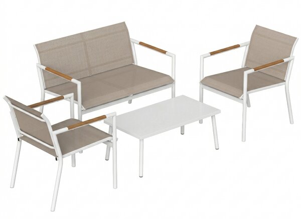 Outsunny 4 Seater Garden Furniture Set with Loveseat, Armchairs, Table, Metal Garden Sofa Set with Breathable Seats, Khaki