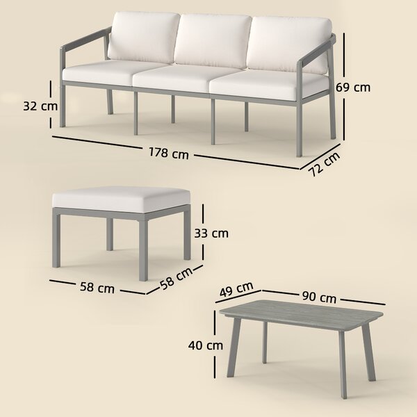 Outsunny 3 Piece Garden Dining Set, Outdoor Patio Furniture with 3 Seater Sofa, Footstool, Coffee Table and Cuhsions