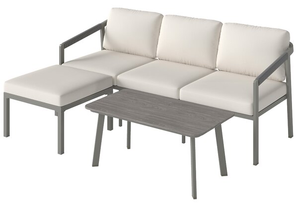 Outsunny 3 Piece Garden Dining Set, Outdoor Patio Furniture with 3 Seater Sofa, Footstool, Coffee Table and Cuhsions