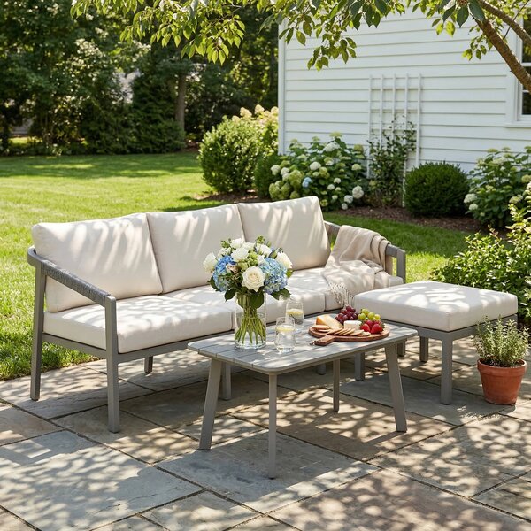 Outsunny 3 Piece Garden Dining Set, Outdoor Patio Furniture with 3 Seater Sofa, Footstool, Coffee Table and Cuhsions