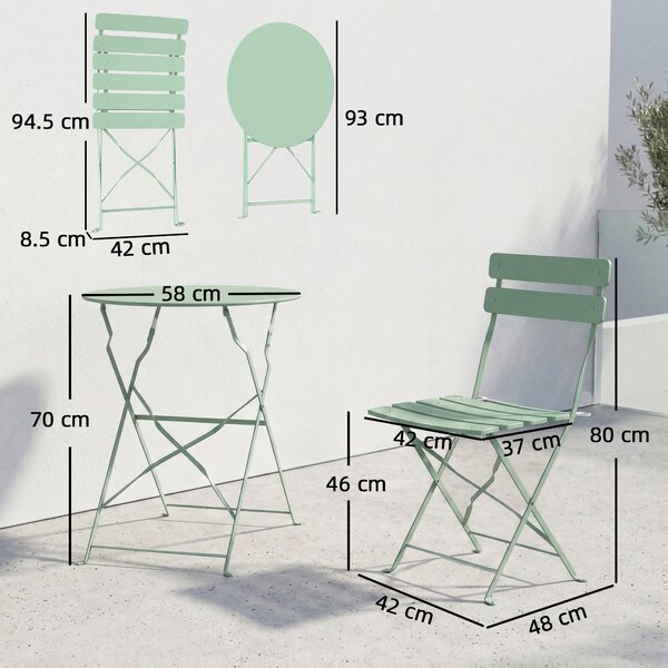 Outsunny Folding Garden Bistro Set, Outdoor Round Bistro Table and Chairs Set 2 with Electrophoresis Metal Frame, Light Green