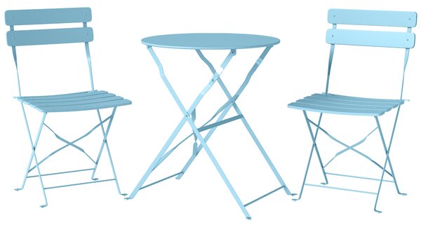 Outsunny Folding Garden Bistro Set, Outdoor Round Bistro Table and Chairs Set 2 with Electrophoresis Metal Frame, Light Blue