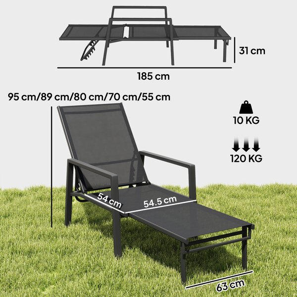 Outsunny Sun Lounger Retractable Footrest 5-Position Adjustable Steel Frame for Beach, Porch, Patio, Camping, Black