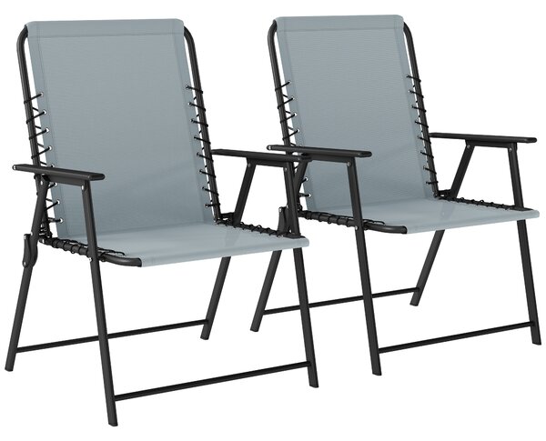 Outsunny Folding Garden Chairs Set of 2, Outdoor Dining Chairs with Wide Texteline Seat, High Back and Armrests, Light Grey