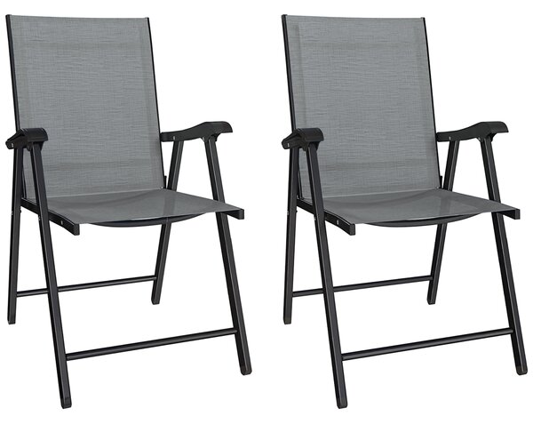 Outsunny Folding Garden Chairs Set of 2, Foldable Garden Dining Chairs with High Back, Armrests, Texteline Seat, Light Grey
