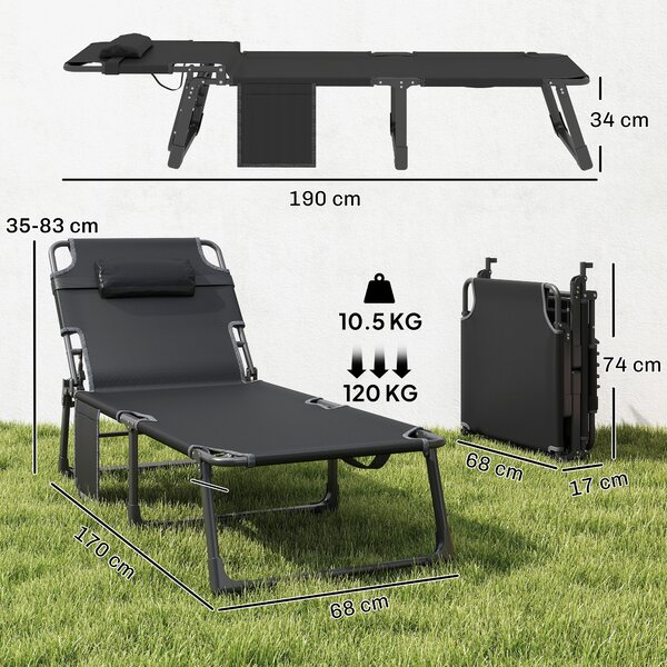 Outsunny Folding Sun Lounger for Garden, 5-Position Oversized Camping Bed Recliner with Cushions, Blue