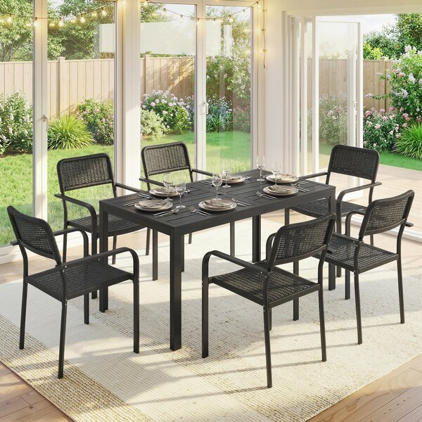 Outsunny Garden Dining Set for 6, Faux Wood Metal Outdoor Table and Stackable Chairs with Plastic Rattan Effect Seat, Black