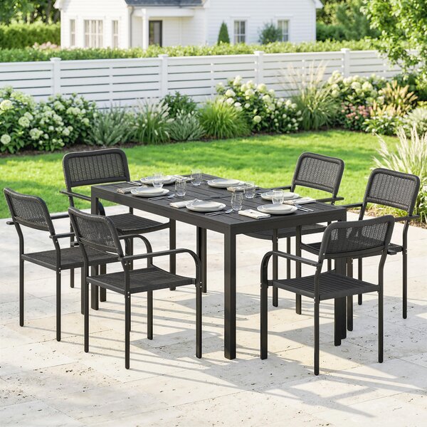 Outsunny Garden Dining Set for 6, Faux Wood Metal Outdoor Table and Stackable Chairs with Plastic Rattan Effect Seat, Black