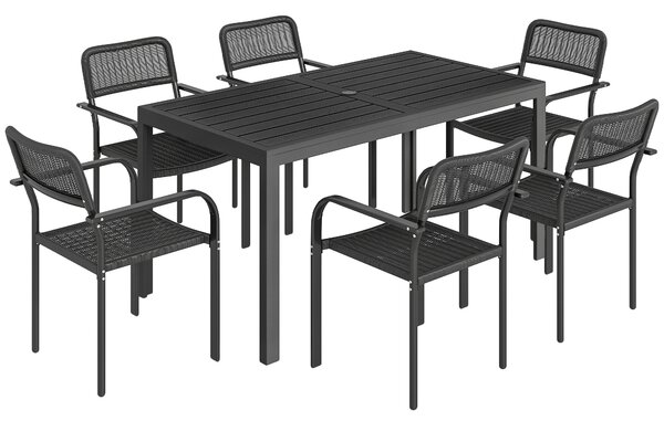 Outsunny Garden Dining Set for 6, Faux Wood Metal Outdoor Table and Stackable Chairs with Plastic Rattan Effect Seat, Black
