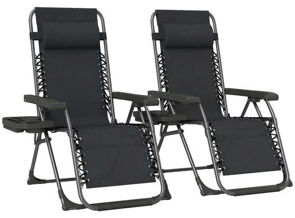 Outsunny Zero Gravity Chairs Set of 2, Folding Sunloungers Reclining Garden Chairs with Cup Holder, Headrest, Black