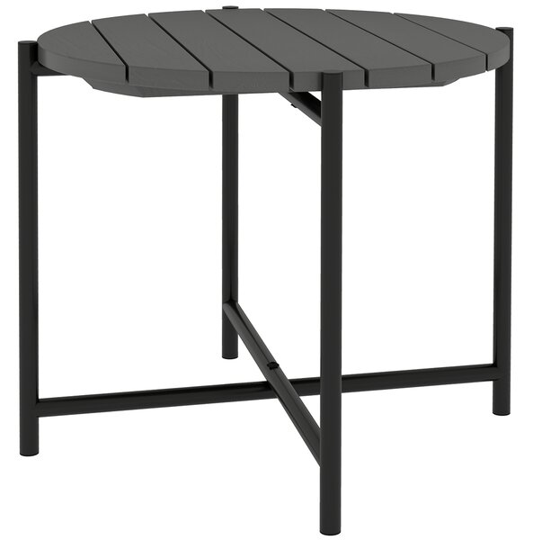 Outsunny 54 cm Round Outdoor Side Table, Industrial Small Garden Table with Slatted Wood Top and Metal Frame, Dark Grey