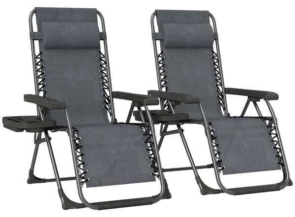 Outsunny Zero Gravity Chairs Set of 2, Folding Sunloungers Reclining Garden Chairs with Cup Holder, Headrest, Dark Grey