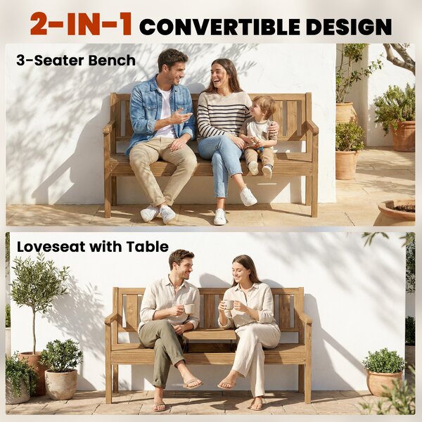 Outsunny Wooden Garden Loveseat with Liftable Table & Shelf, 2-3-Seater Outdoor Bench, Fir Wood Jack and Jill Garden Seat, Teak