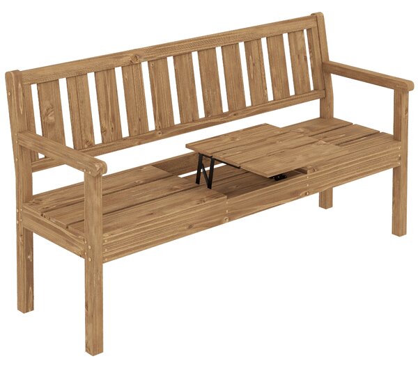 Outsunny Wooden Garden Loveseat with Liftable Table & Shelf, 2-3-Seater Outdoor Bench, Fir Wood Jack and Jill Garden Seat, Teak