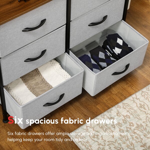 HOMCOM Bedroom Chest of Drawers, Industrial Dresser with 6 Fabric Bins, Steel Frame & Wooden Top, Grey Aosom UK