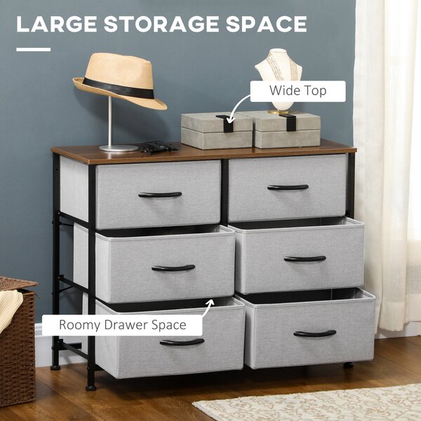 HOMCOM Bedroom Chest of Drawers, Industrial Dresser with 6 Fabric Bins, Steel Frame & Wooden Top, Grey Aosom UK