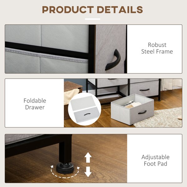 HOMCOM Bedroom Chest of Drawers, Industrial Dresser with 6 Fabric Bins, Steel Frame & Wooden Top, Grey Aosom UK