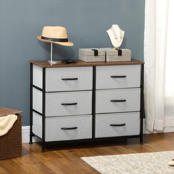 HOMCOM Bedroom Chest of Drawers, Industrial Dresser with 6 Fabric Bins, Steel Frame & Wooden Top, Grey Aosom UK