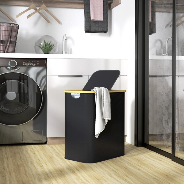 HOMCOM Double Laundry Basket With Lid, 80L Collapsible Laundry Hamper with Groove Handles, Washing Basket for Bathroom, Bedroom, Black Aosom UK