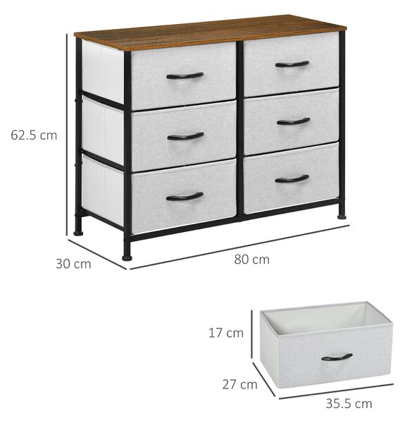 HOMCOM Bedroom Chest of Drawers, Industrial Dresser with 6 Fabric Bins, Steel Frame & Wooden Top, Grey Aosom UK