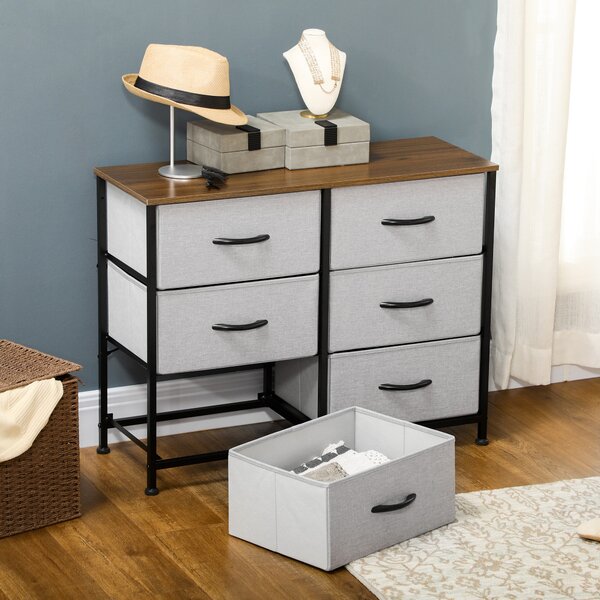 HOMCOM Bedroom Chest of Drawers, Industrial Dresser with 6 Fabric Bins, Steel Frame & Wooden Top, Grey Aosom UK