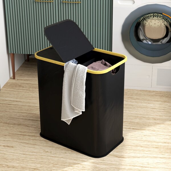 HOMCOM Double Laundry Basket With Lid, 80L Collapsible Laundry Hamper with Groove Handles, Washing Basket for Bathroom, Bedroom, Black Aosom UK