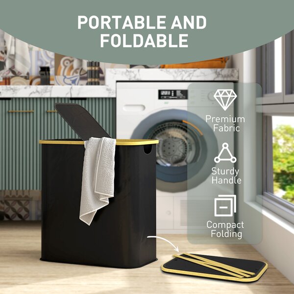 HOMCOM Double Laundry Basket With Lid, 80L Collapsible Laundry Hamper with Groove Handles, Washing Basket for Bathroom, Bedroom, Black Aosom UK