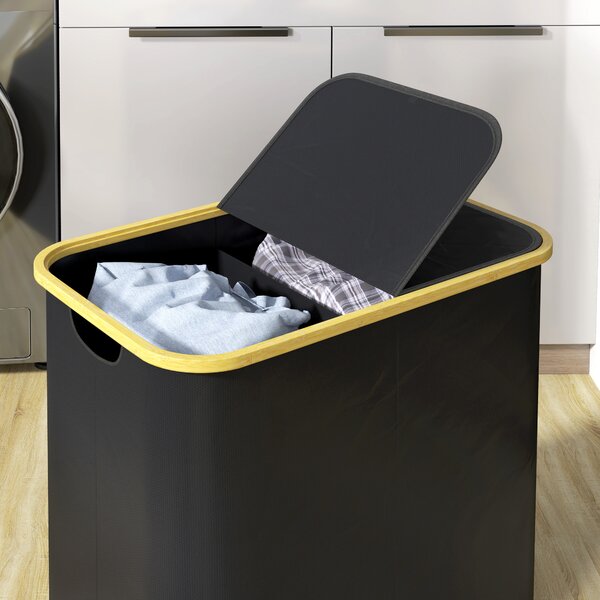 HOMCOM Double Laundry Basket With Lid, 80L Collapsible Laundry Hamper with Groove Handles, Washing Basket for Bathroom, Bedroom, Black Aosom UK