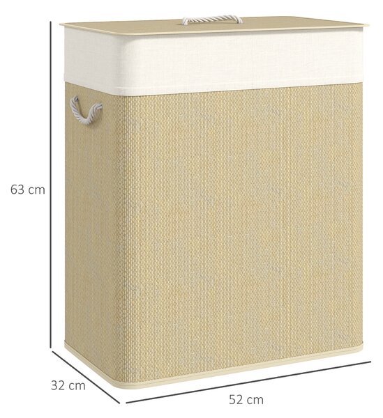 HOMCOM Double Laundry Basket with Lid, 100L Bamboo Laundry Hamper with Rope Handles, Washing Basket with Removable Liner for Bathroom, Bedroom, Cream White