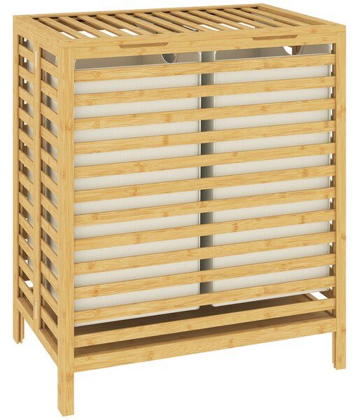 HOMCOM Bamboo Laundry Basket with Lid, 2 Baskets, Foldable, 64L, Natural and Cream White