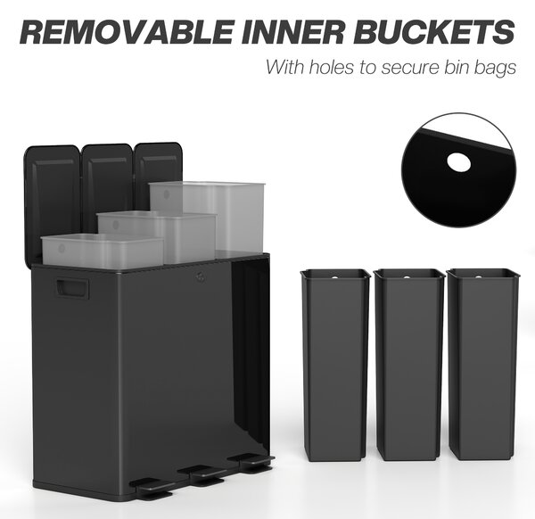HOMCOM 3 x 20L Pedal Bin, Steel Triple Kitchen Bin with Soft Close Lid, Removable Inner Buckets, Fingerprint-Proof, Black