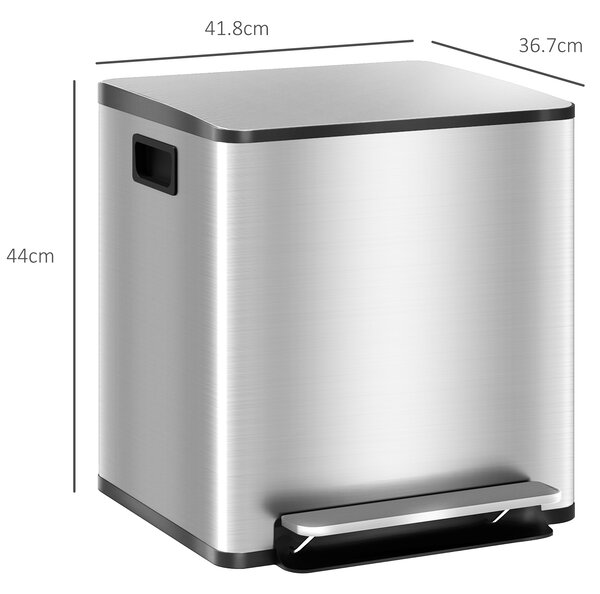 HOMCOM 30L Dual Compartment Stainless Steel Bin, with Deodoriser Holders - Silver Tone