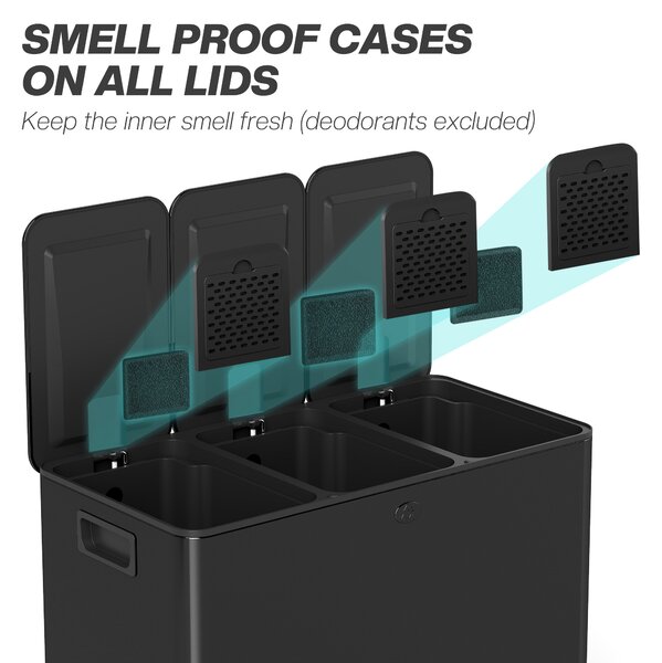 HOMCOM 3 x 20L Pedal Bin, Steel Triple Kitchen Bin with Soft Close Lid, Removable Inner Buckets, Fingerprint-Proof, Black