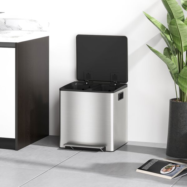 HOMCOM 30L Dual Compartment Stainless Steel Bin, with Deodoriser Holders - Silver Tone