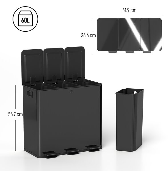 HOMCOM 3 x 20L Pedal Bin, Steel Triple Kitchen Bin with Soft Close Lid, Removable Inner Buckets, Fingerprint-Proof, Black
