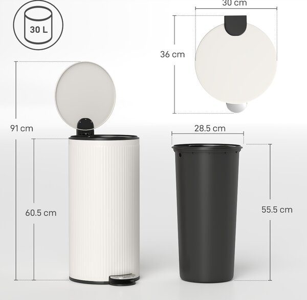HOMCOM Kitchen Bin, 30 Litre Pedal Rubbish Bin with Removable Bucket, Cream