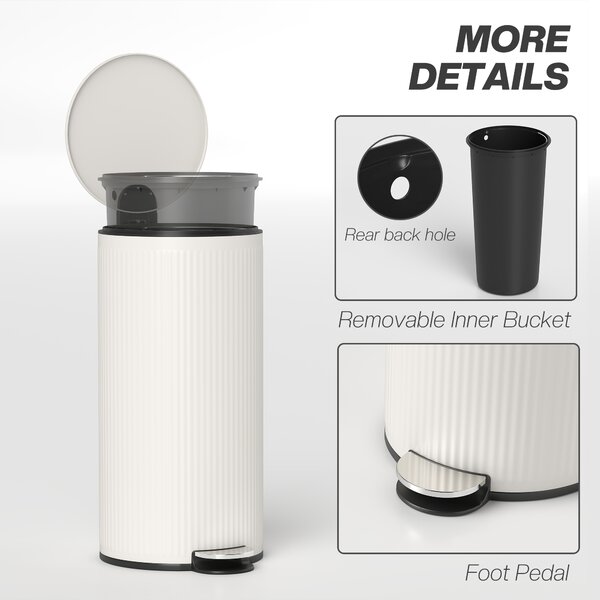 HOMCOM Kitchen Bin, 30 Litre Pedal Rubbish Bin with Removable Bucket, Cream