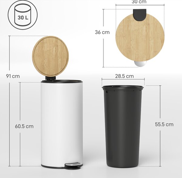 HOMCOM Kitchen Bin, 30 Litre Pedal Rubbish Bin with Removable Bucket, White and Natural