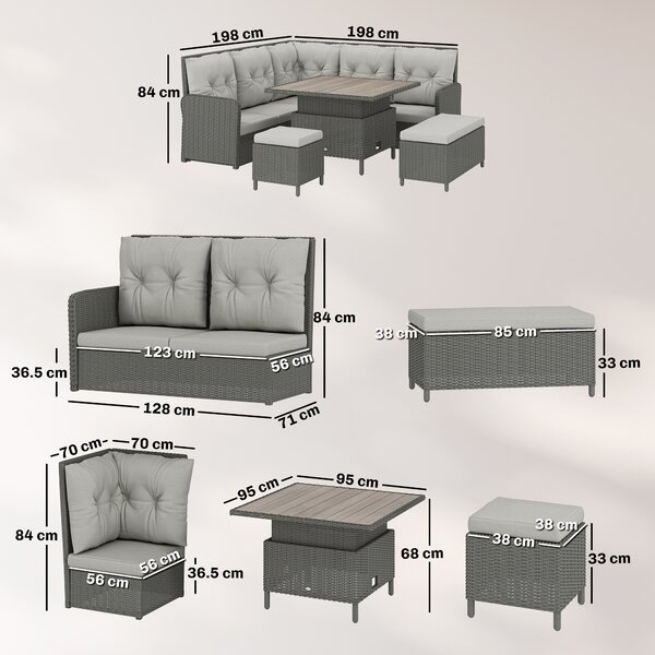 Outsunny Rattan Sofa Set, 6-Piece Outdoor PE Rattan Wicker Sofa with Liftable Coffee Table, Patio Garden Sectional Corner Furniture, Cream Aosom UK