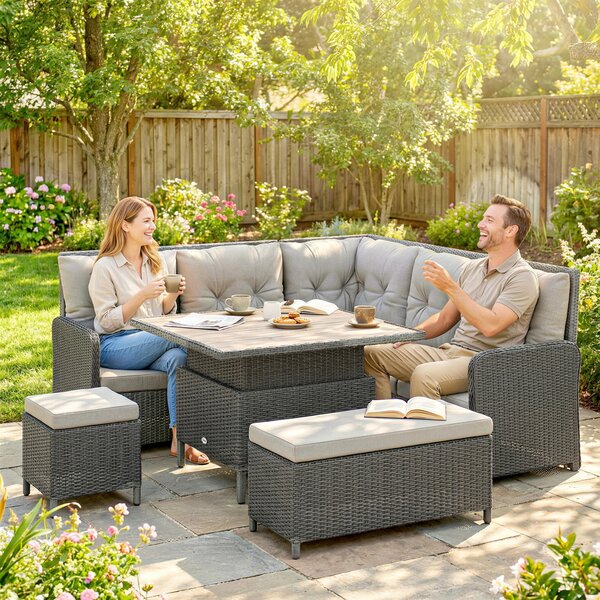 Outsunny Rattan Sofa Set, 6-Piece Outdoor PE Rattan Wicker Sofa with Liftable Coffee Table, Patio Garden Sectional Corner Furniture, Cream Aosom UK