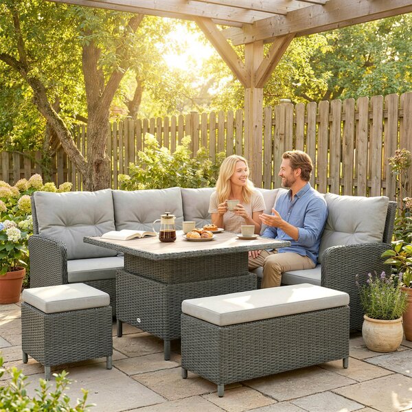 Outsunny Rattan Sofa Set, 6-Piece Outdoor PE Rattan Wicker Sofa with Liftable Coffee Table, Patio Garden Sectional Corner Furniture, Cream Aosom UK