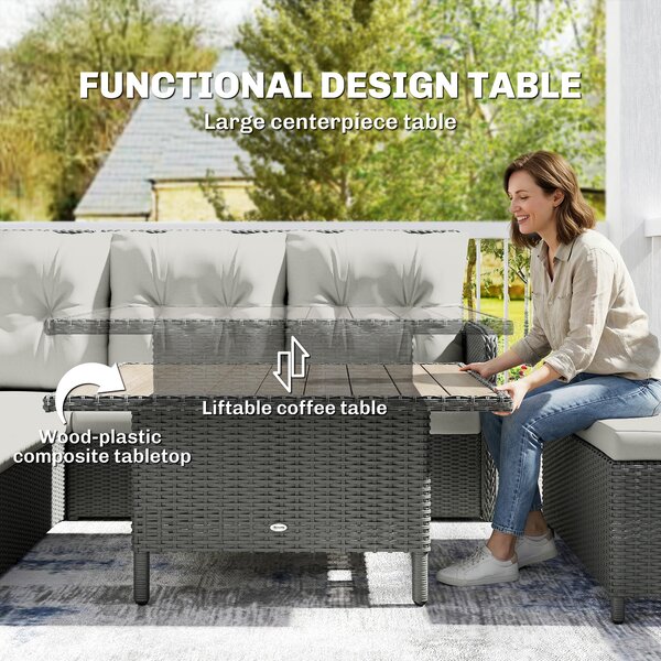 Outsunny Rattan Sofa Set, 6-Piece Outdoor PE Rattan Wicker Sofa with Liftable Coffee Table, Patio Garden Sectional Corner Furniture, Cream Aosom UK