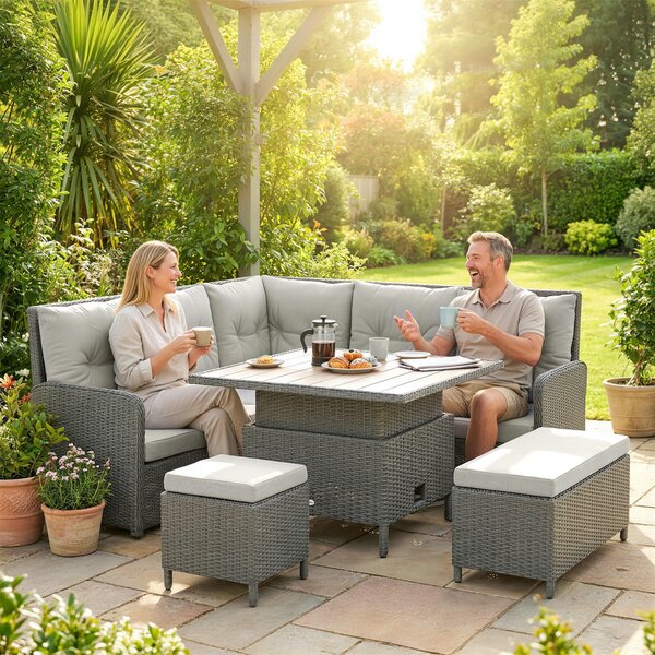 Outsunny Rattan Sofa Set, 6-Piece Outdoor PE Rattan Wicker Sofa with Liftable Coffee Table, Patio Garden Sectional Corner Furniture, Cream Aosom UK